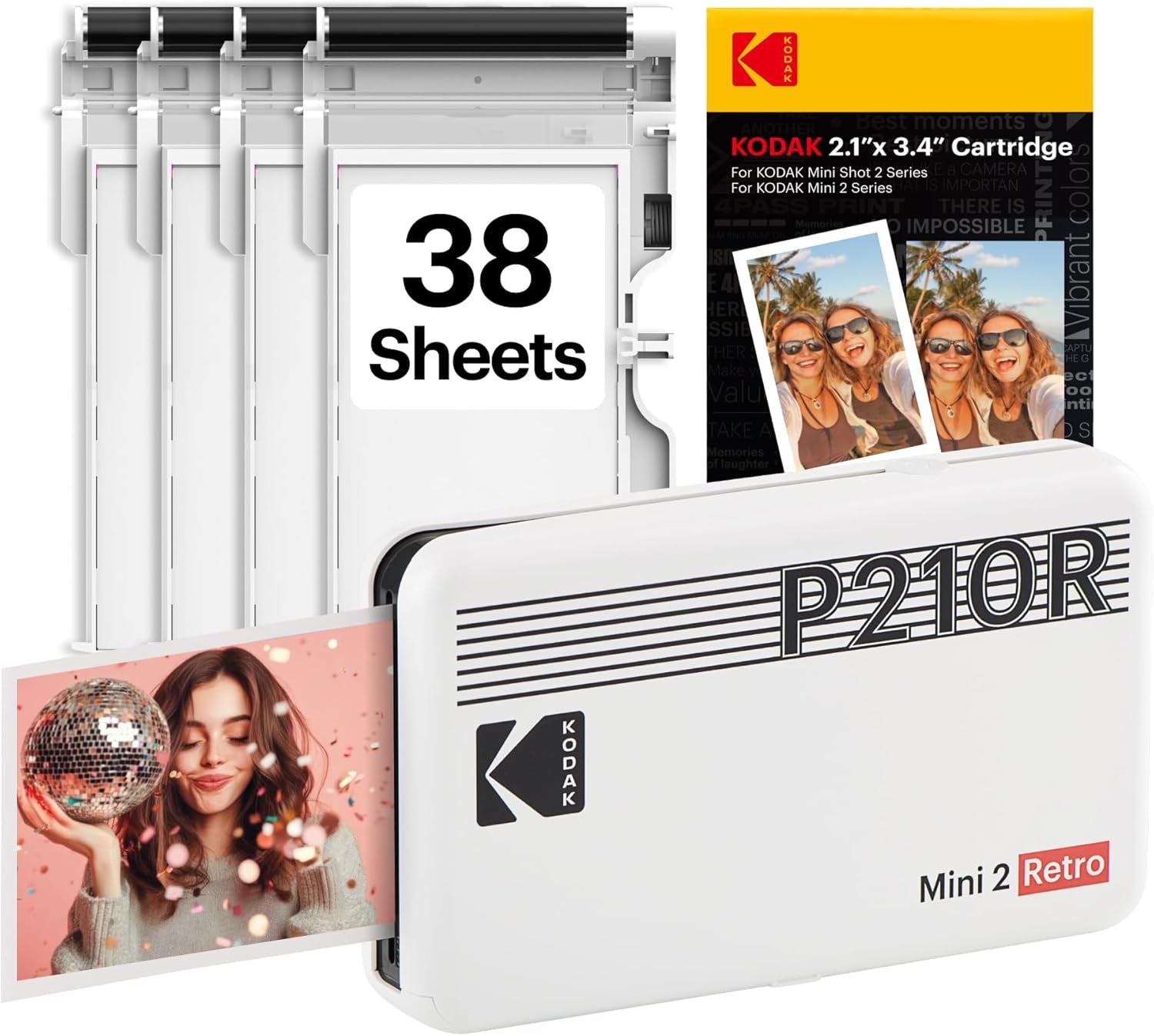 Mini 2 Retro 2X3 Portable Photo Printer, 38 Sheets, Bluetooth Smartphone Printer for Iphone & Android, Instant Color Prints, 4PASS Dye Sublimation, White